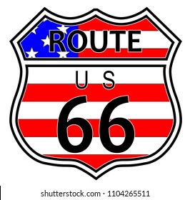 Route sixty six highway sign over a stars and stripes flag background on a white backdrop