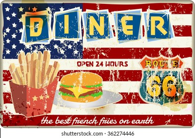 route sixty six retro diner sign. Vector. Fictional artwork