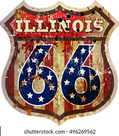 route sixty six road sign, Illinois, retro style, vector