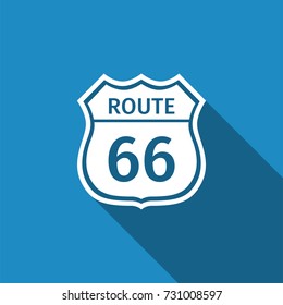 Route sixty six road sign. American road icon isolated with long shadow. Flat design. Vector Illustration