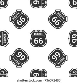 Route sixty six road sign. American road icon seamless pattern on white background. Flat design. Vector Illustration