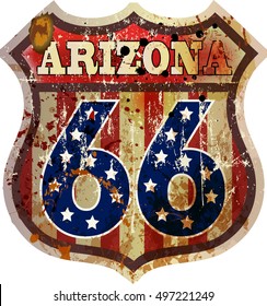 Route sixty six sign, Arizona, grungy retro style, vector