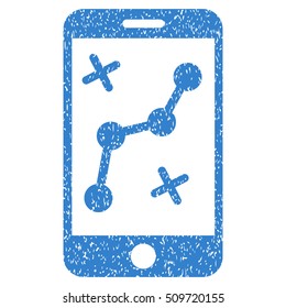 Route Smartphone grainy textured icon for overlay watermark stamps. Flat symbol with unclean texture. Dotted vector cobalt ink rubber seal stamp with grunge design on a white background.