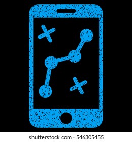 Route Smartphone grainy textured icon for overlay watermark stamps. Flat symbol with scratched texture. Dotted vector blue ink rubber seal stamp with grunge design on a black background.