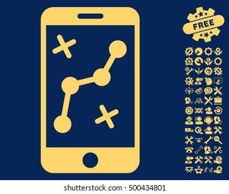 Route Smartphone icon with bonus settings icon set. Vector illustration style is flat iconic symbols, yellow color, blue background.