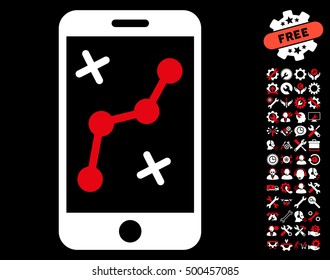 Route Smartphone icon with bonus setup tools clip art. Vector illustration style is flat iconic symbols, red and white colors, black background.