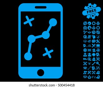 Route Smartphone pictograph with bonus service design elements. Vector illustration style is flat iconic symbols, blue color, black background.