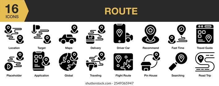 Route solid icon set. Includes location, target, maps, delivery, global, flight, car, and More. Solid icons vector collection.