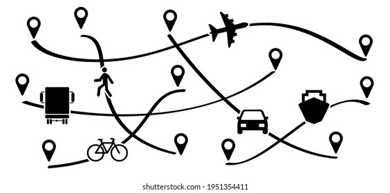 Route with start point GPS. Truck, plane, ship, bike, car and walking person. Cargo delivery, business concept. Vector transport pin location sign. Line path of transportation.