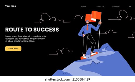 Route to success banner with man on top of mountain with red flag. Vector landing page of career development, business growth with flat illustration of businessman climb on rock peak