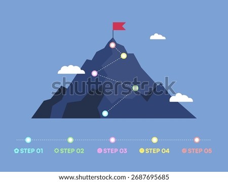 Route to Success Five Step Mountain Infographic with Red Flag and Milestone Markers on Blue Background Vector Illustration
