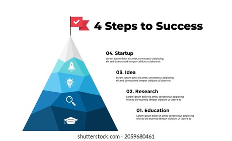 Route to success infographic. Mountain peak. Presentation slide template. Diagram chart with 4 steps, processes. 