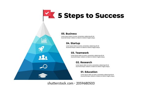 Route to success infographic. Mountain peak. Presentation slide template. Diagram chart with 5 steps, processes. 