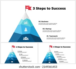Route to success infographic. Mountain peak with flag and check. Successful startup business. Presentation slide template. Diagram chart 3, 4, 5 steps, processes. 