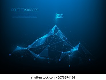 route to success low poly wireframe on blue dark background.Mountain path to the top form lines, dots, and triangles. Investment business ideas to success goal. vector illustration futuristic style.  
