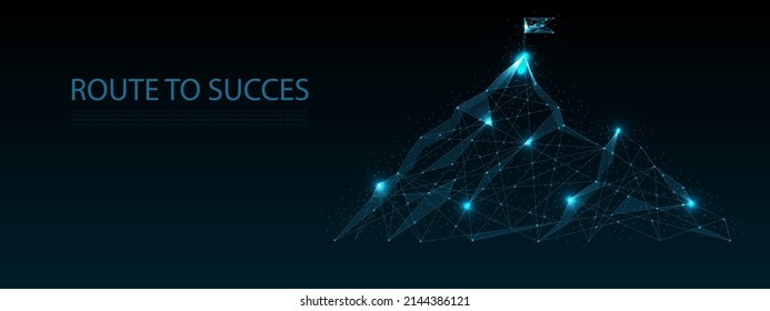 Route to success low poly wireframe on blue dark background.Mountain path to the top form lines, dots, and triangles. Investment business ideas to success goal. vector illustration futuristic style.