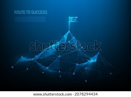 route to success low poly wireframe on blue dark background.Mountain path to the top form lines, dots, and triangles. Investment business ideas to success goal. vector illustration futuristic style.  