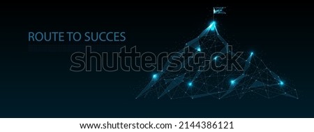 Route to success low poly wireframe on blue dark background.Mountain path to the top form lines, dots, and triangles. Investment business ideas to success goal. vector illustration futuristic style.