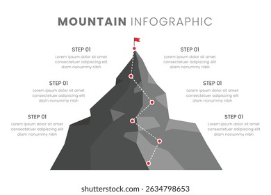 Route to Success Mountain Infographic Design is a successful startup business. Presentation slide template, Vector illustration
