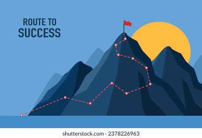 Route to success on blue dark background.Mountain path to the top form lines and dots. Investment business ideas to success goal.