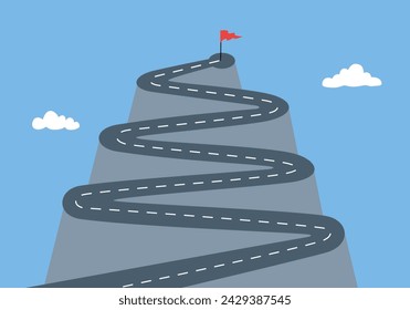 Route to success on mountain with red flag in flat design. Business motivation in personal growth. Self-development and success