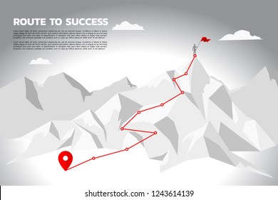 route to success. silhouette of businessman with the red flag standing on the top of mountain. Concept of Goal, Mission, Vision, Success in Career path.