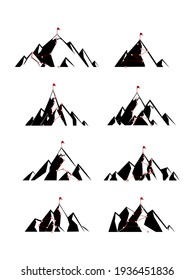 Route to success. silhouette of businessman with the red flag standing on the top of mountain set.