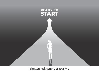 Route to success. Silhouette of businesswomen running forward with arrow. Concept of people ready to start career and business