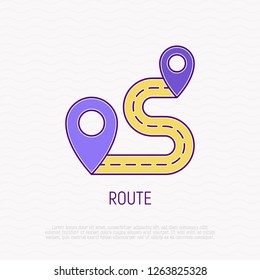 Route thin line icon. Path with two pointers. Modern vector illustration of navigation.