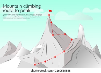 Route to the top, concept business success. Vector illustration mountain climbing route to peak. Path, route, achievement of goals, career growth, ascent, route to the top of mountain, success