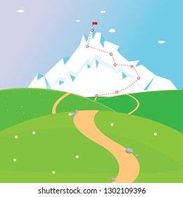 Route to the top of mountain. Grow your career. The purpose of the concept. Mission, vision. The concept of achieving the goal. Vector illustration. 