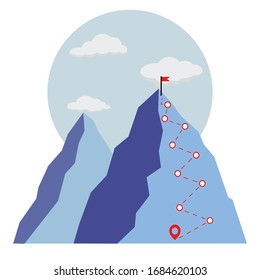 Сlimbing route to the top of the mountain in modern flat style. Concept of goal and business success achievement. Progress goal achievement displayed as path and with flag at the achievement stage.