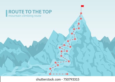 Route to the top mounting climbing, poster depicting mount and pole with red flag on its top, headline and image isolated on vector illustration