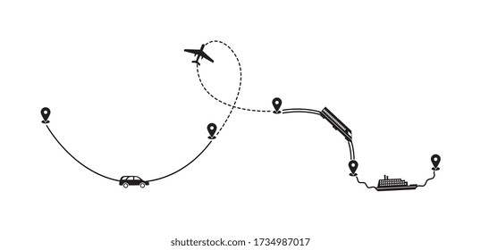 Route track with various aircraft, water and land transport icons, black graphic vector illustration isolated on white background. Transportation and tourism concept.