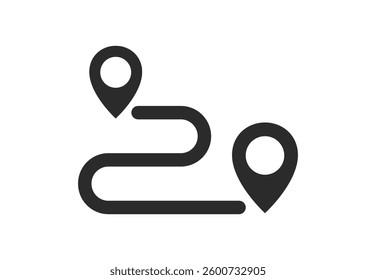 Route tracking icon. Path location icon, two pin signs and road line, path start and end symbol. Concept of travel map navigation, destination point, GPS tracking. Vector Illustration.