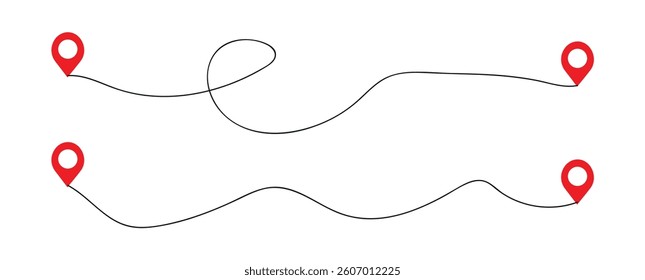  Route tracking icon. Path location icon, two pin signs and road line, path start and end symbol. Concept of travel map navigation, destination point, GPS tracking. Vector Illustration
