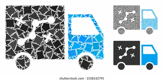 Route van mosaic of humpy items in various sizes and color tints, based on route van icon. Vector raggy items are united into collage. Route van icons collage with dotted pattern.