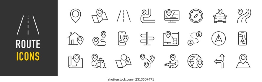 Route web icons in line style. Navigation, location, route map, traffic, pin,  collection. Vector illustration.