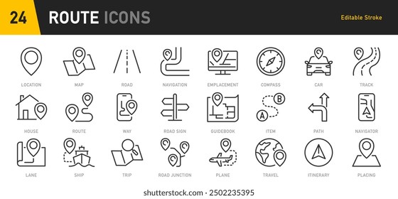 Route web icons in line style. Navigation, location, route map, traffic, pin, collection. Vector illustration.	