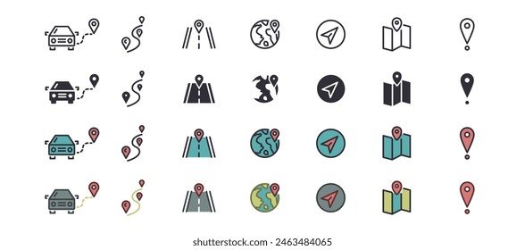 Enrutar iconos Web. Navegación, Locación, Indicador de mapas, Mapa, GPS. Vector en iconos de estilo de línea