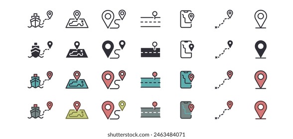 Enrutar iconos Web. Navegación, Locación, Indicador de mapas, Mapa, GPS. Vector en iconos de estilo de línea