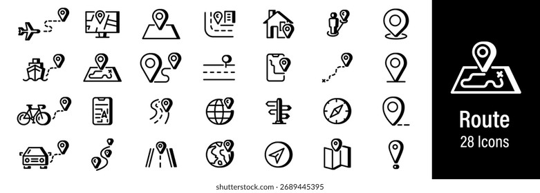 Route Web Icons. Navigation, Location, Map pointer, Map, GPS. Vector in Line Style Icons