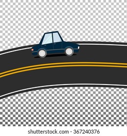 The route with yellow markings. Road. Double solid. Dark blue Car. Isolated. Vector illustration.