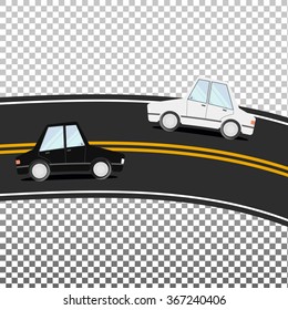 The route with yellow markings. Road. Double solid. White and black cars. Isolated. Vector illustration.