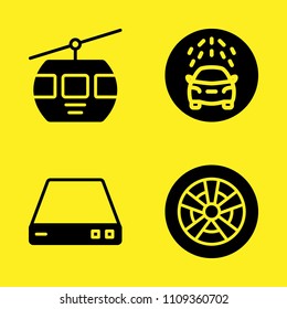router, alloy wheel, cable car cabin and car wash vector icon set. Sample icons set for web and graphic design