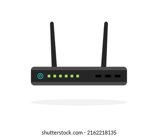 Router Broadband. Modem Wireless Adsl Router For Wifi And Internet. Icon For Wireless Network With Gateway, Switch, Port Antenna. Flat Icon. Vector.