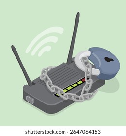 Roteador, corrente e bloqueio. Rede Wi-Fi protegida por senha. Ilustração vetorial isométrica plana 3d.