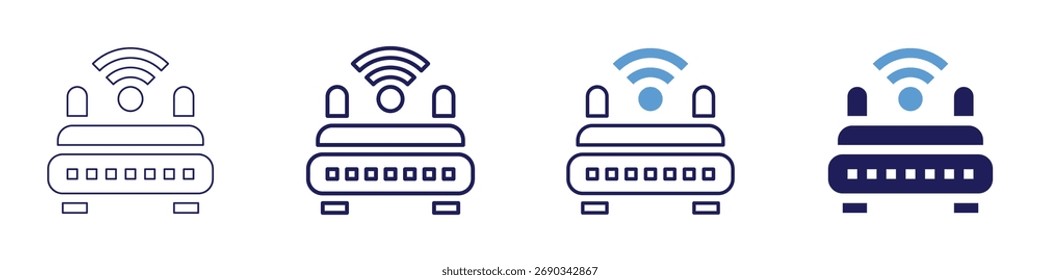 Icono del chipset del router en 4 estilos diferentes. Línea delgada, línea, línea en negrita, duotono. Estilo duotono. Trazo editable.