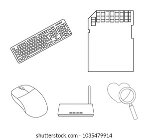 Router, computer mouse and other accessories. Personal computer set collection icons in outline style vector symbol stock illustration web.