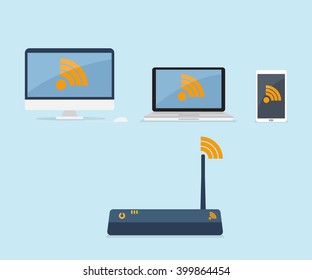  router connected with device, computer, laptop, mobile smartphone with wifi icon flat design vector illustration